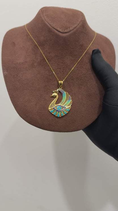 Gold Necklace (Chain with Vibrant Peacock Pendant) 21KT - FKJNKL21KM10187
