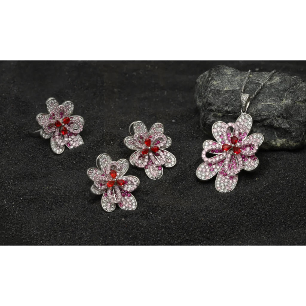 Sterling Silver 925 Blooming Flower Pendant Set (Necklace Earrings And Ring) - Fkjnklst1920 Sets