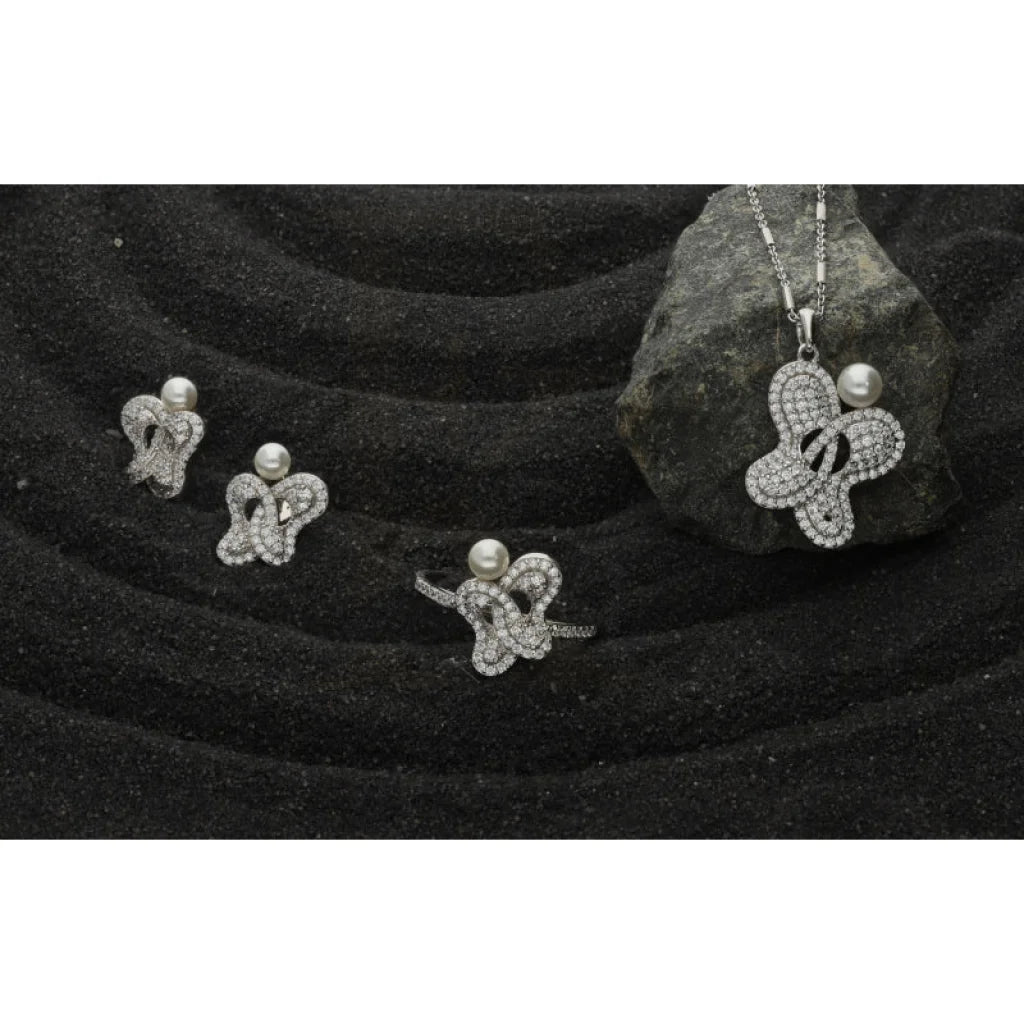 Sterling Silver 925 Butterfly Shaped Pearl Pendant Set (Necklace Earrings And Ring) - Fkjnklstsl2276