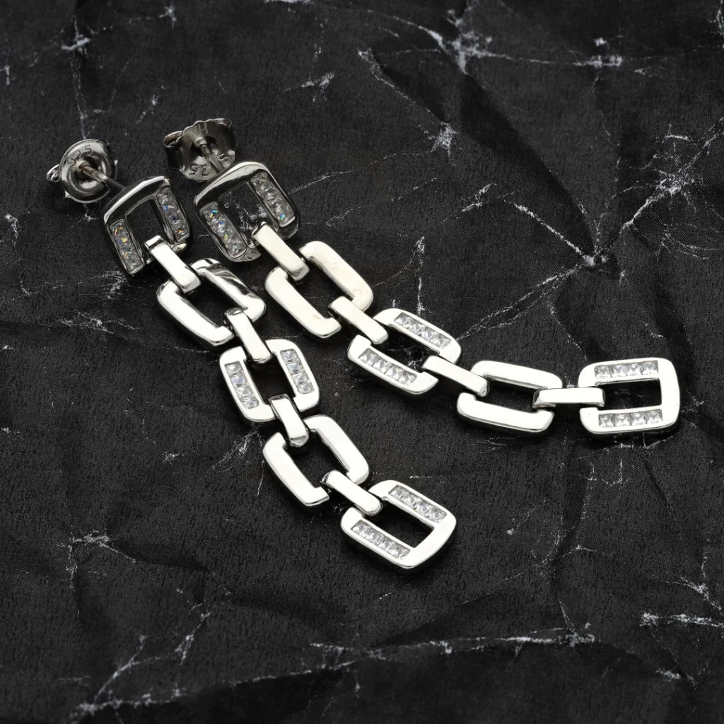 Sterling Silver 925 Designer Link Zirconia Earrings - Fkjernsl5872