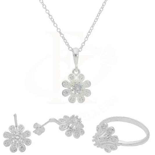 Italian Silver 925 Flower Pendant Set (Necklace Earrings And Ring) - Fkjnklst1978 Sets