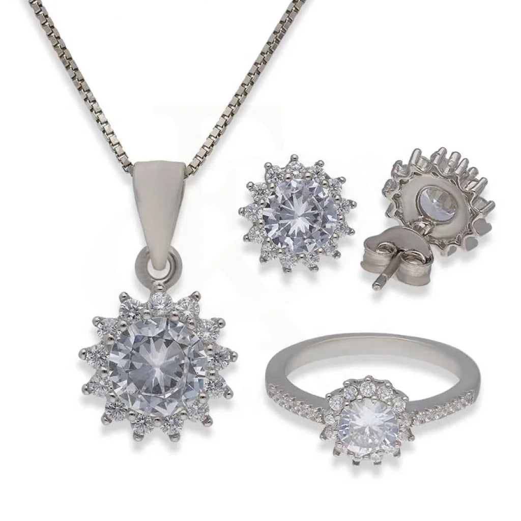 Sterling Silver 925 Flower Pendant Set (Necklace Earrings And Ring) - Fkjnklstsl2364 Sets