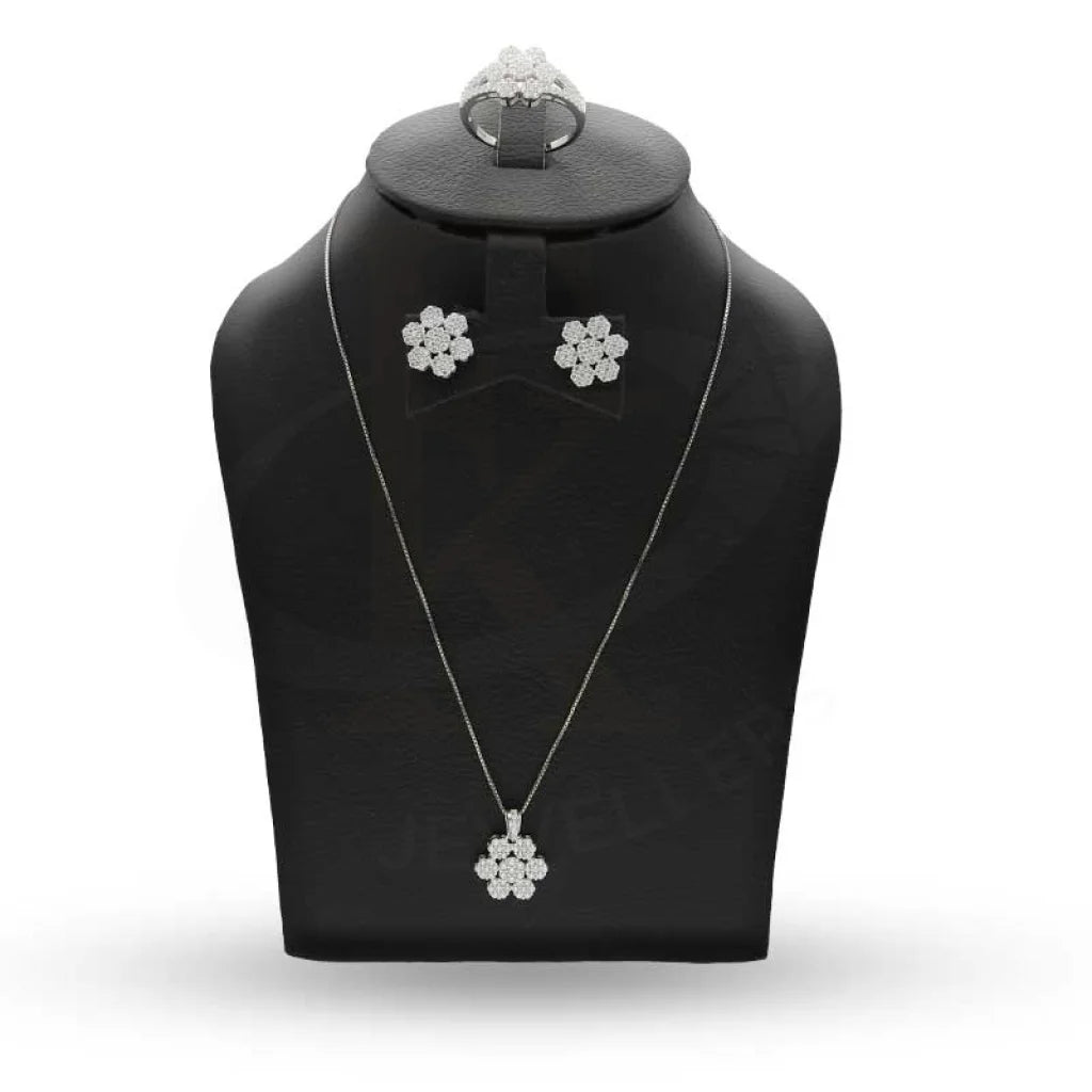 Sterling Silver 925 Flower Pendant Set (Necklace Earrings And Ring) - Fkjnklstsl2366 Sets