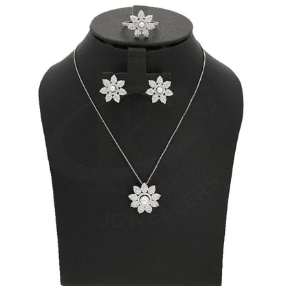 Italian Silver 925 Flower Shaped Pearl Pendant Set (Necklace Earrings And Ring) - Fkjnklstsl2288