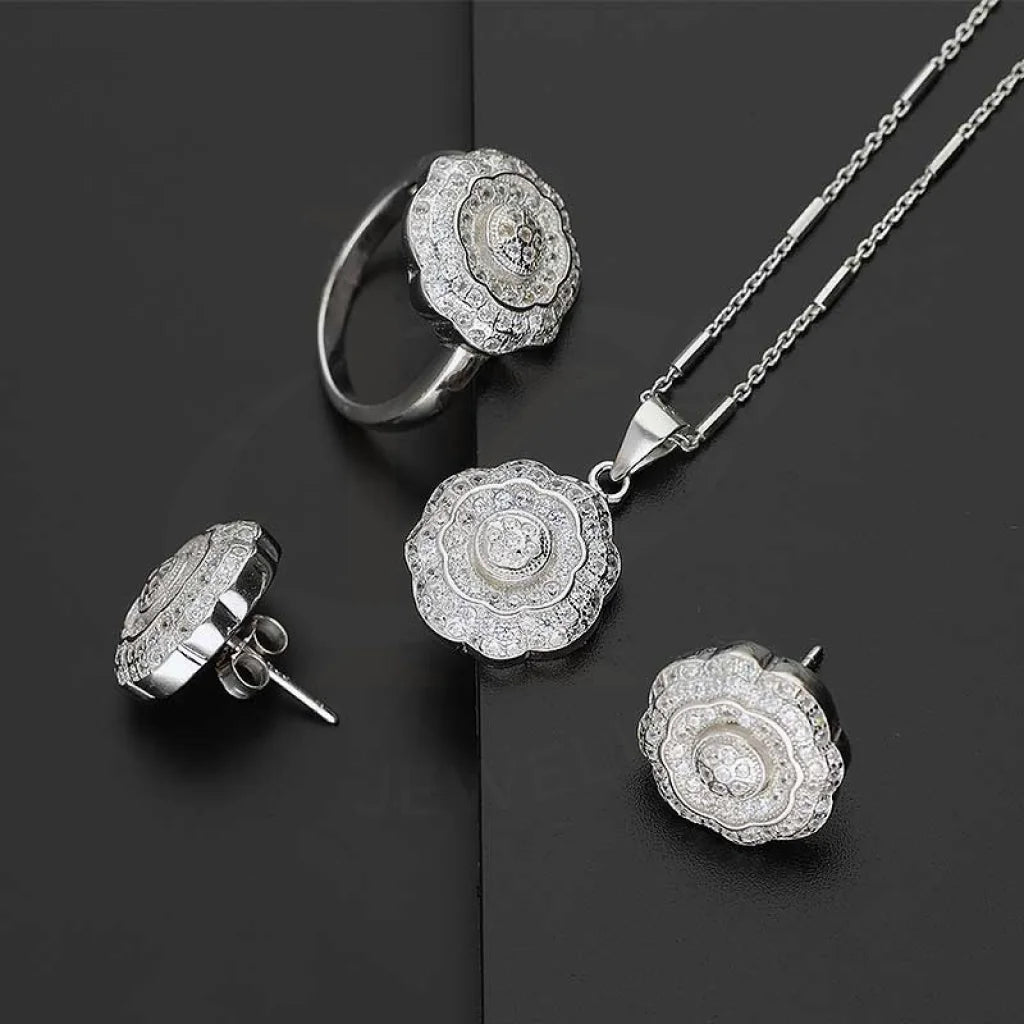 Sterling Silver 925 Flower Shaped Pendant Set (Necklace Earrings And Ring) - Fkjnklstsl2200 Sets