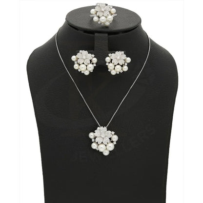 Italian Silver 925 Flowers And Pearls Pendant Set (Necklace Earrings Ring) - Fkjnklstsl2275 Sets