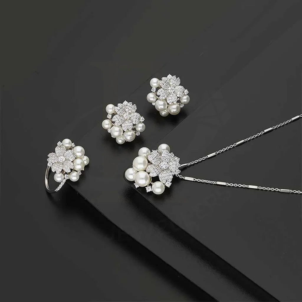 Sterling Silver 925 Flowers And Pearls Pendant Set (Necklace Earrings Ring) - Fkjnklstsl2275 Sets