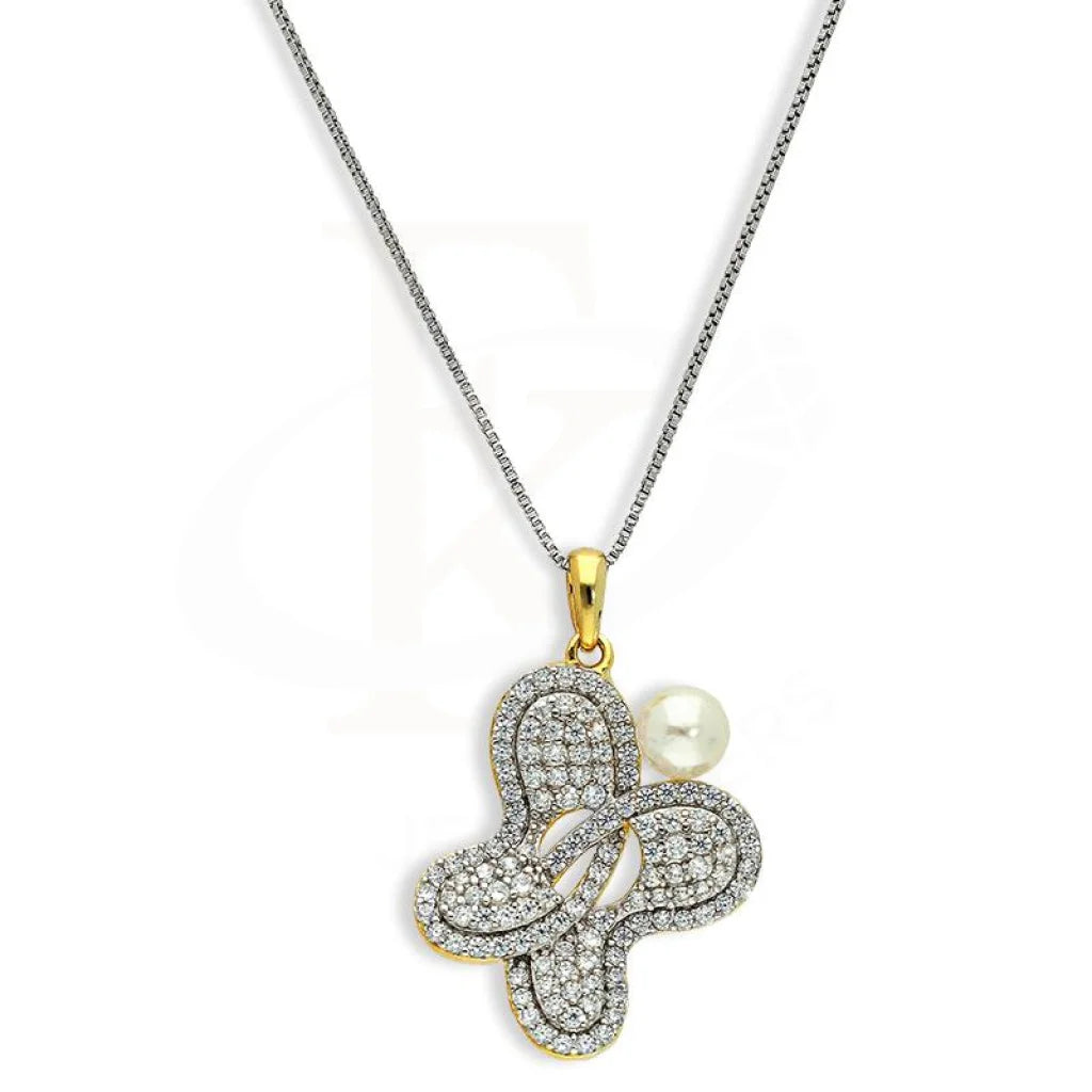 Italian Silver 925 Gold Plated Butterfly Shaped With Pearl Pendant Set (Necklace Earrings And Ring)