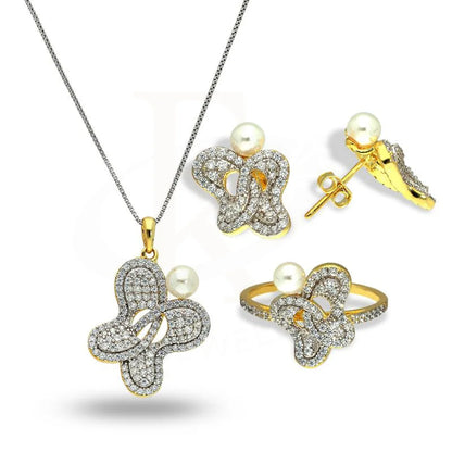 Italian Silver 925 Gold Plated Butterfly Shaped With Pearl Pendant Set (Necklace Earrings And Ring)