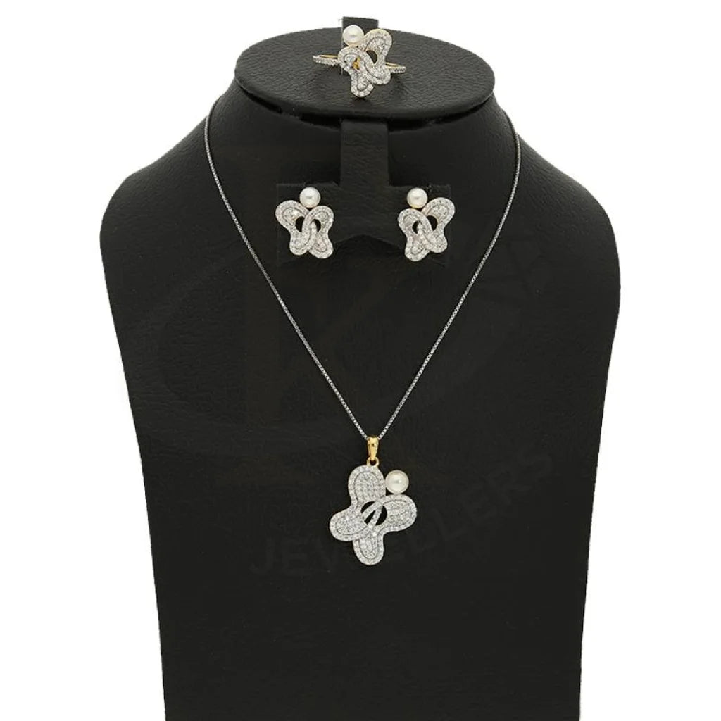 Italian Silver 925 Gold Plated Butterfly Shaped With Pearl Pendant Set (Necklace Earrings And Ring)