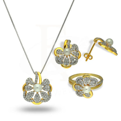 Italian Silver 925 Gold Plated Flower Shaped With Pearl Pendant Set (Necklace Earrings And Ring) -