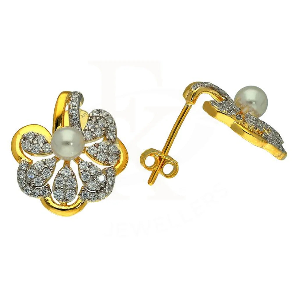 Italian Silver 925 Gold Plated Flower Shaped With Pearl Pendant Set (Necklace Earrings And Ring) -