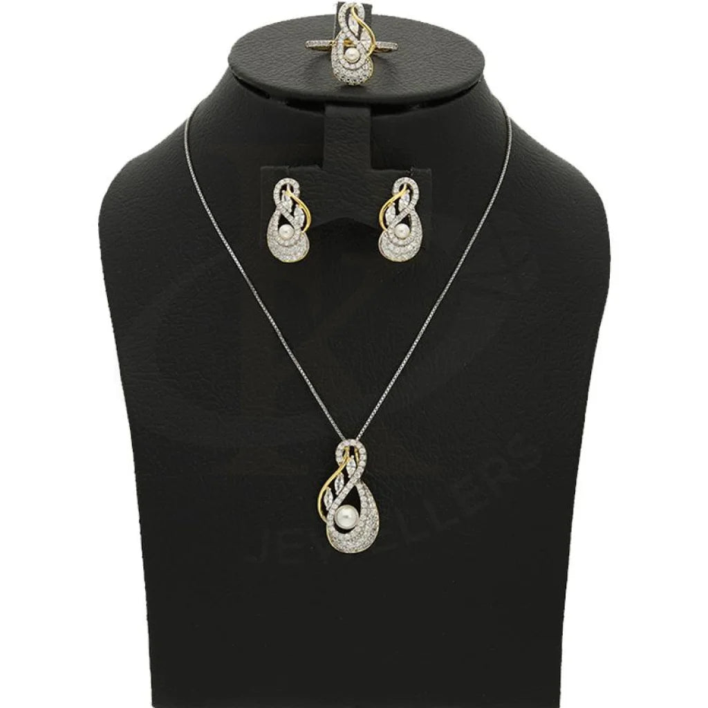 Italian Silver 925 Gold Plated Pear Shaped With Pearl Pendant Set (Necklace Earrings And Ring) -