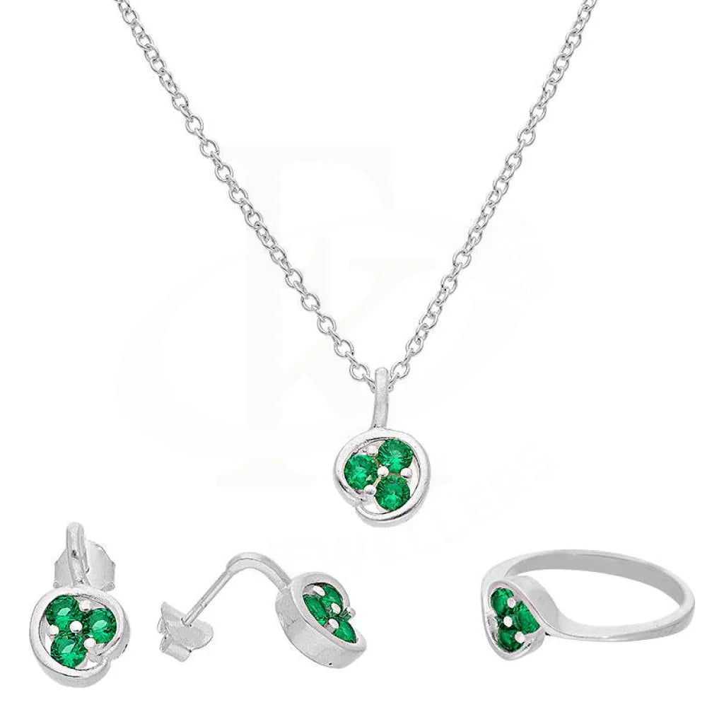 Italian Silver 925 Green Triple Solitaire Pendant Set (Necklace Earrings And Ring) - Fkjnklstsl2107