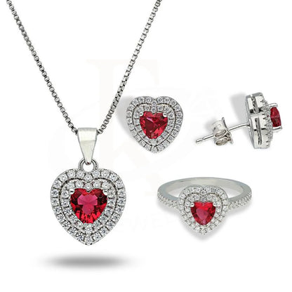 Italian Silver 925 Heart Shaped Solitaire Pendant Set (Necklace Earrings And Ring) - Fkjnklstsl2262