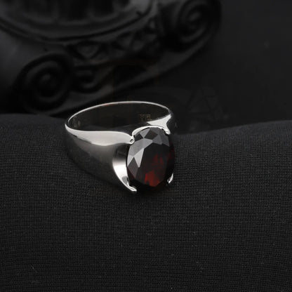 Sterling Silver 925 Mens Solitaire Red Zircon Stone Ring - Fkjrnsl8246 Rings