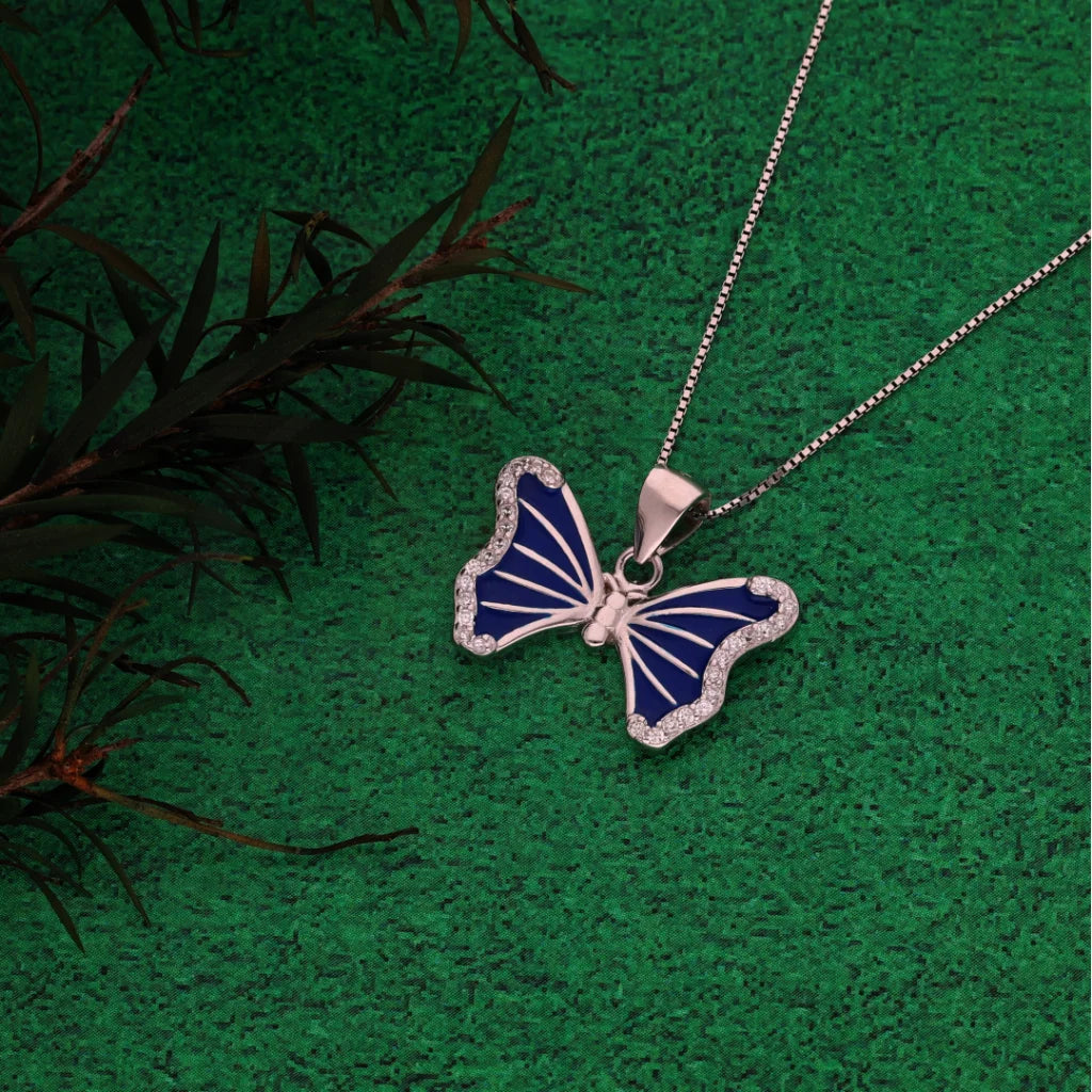 Sterling Silver 925 Necklace (Chain With Ice Out Blue Ulysses Butterfly Pendant) - Fkjnklsl8601
