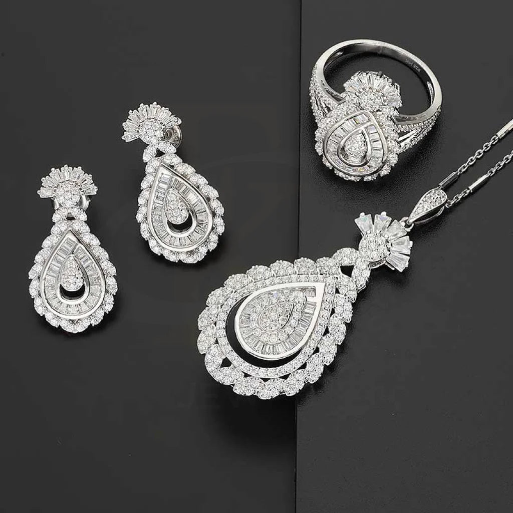 Sterling Silver 925 Pear Shaped Pendant Set (Necklace Earrings And Ring) - Fkjnklstsl2333 Sets