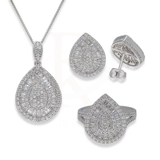 Sterling Silver 925 Pear Shaped Pendant Set (Necklace Earrings And Ring) - Fkjnklstsl2373 Sets