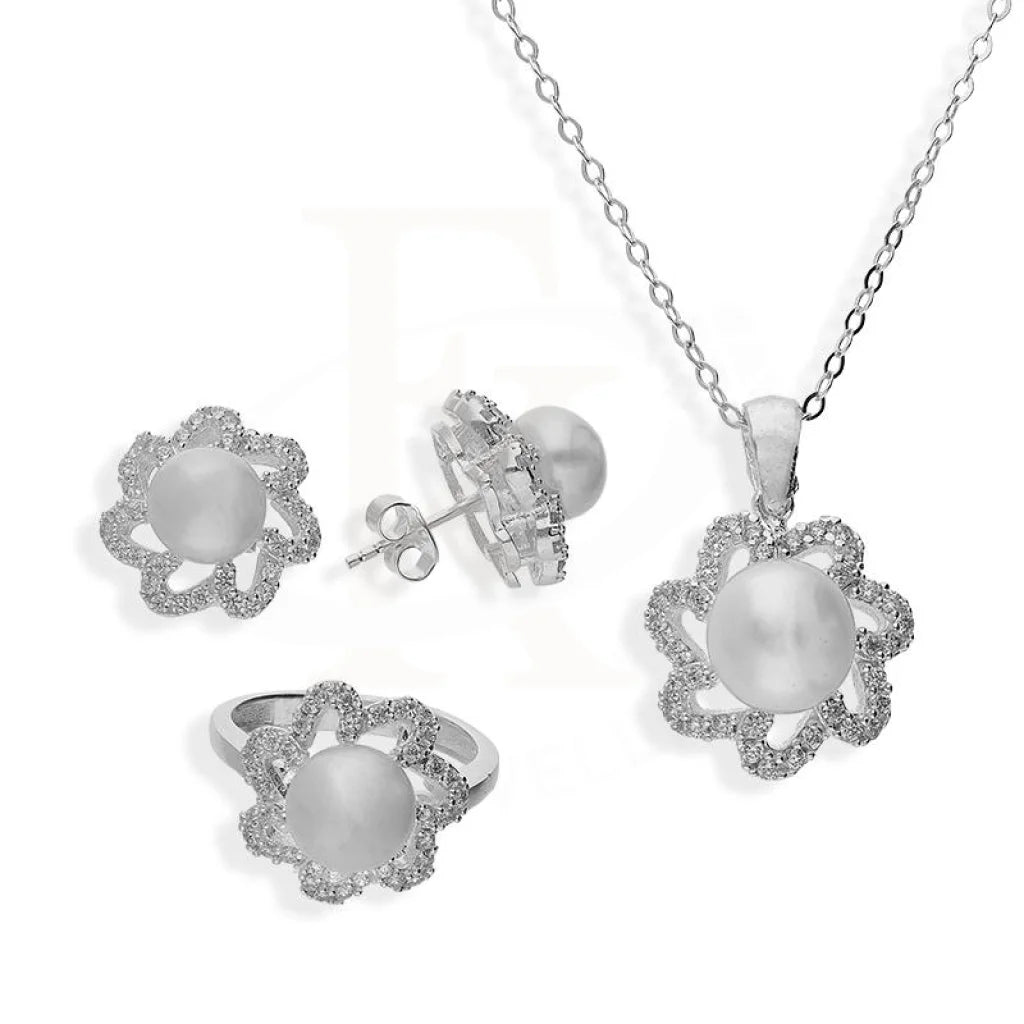 Italian Silver 925 Pearl In Flower Pendant Set (Necklace Earrings And Ring) - Fkjnklstsl2198 Sets