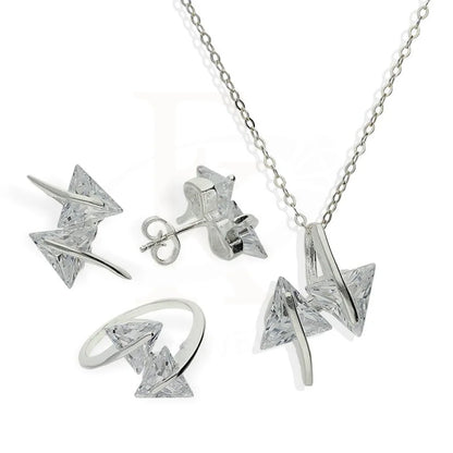 Italian Silver 925 Prism Shaped Solitaire Pendant Set (Necklace Earrings And Ring) - Fkjnklstsl2214