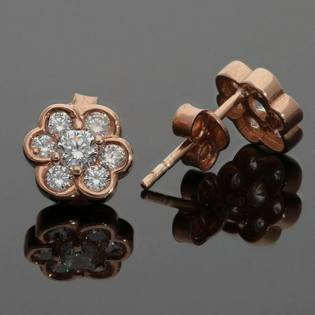 Italian Silver 925 Rose Gold Plated Flower Shaped Solitaires Stud Earrings - Fkjernsl2505