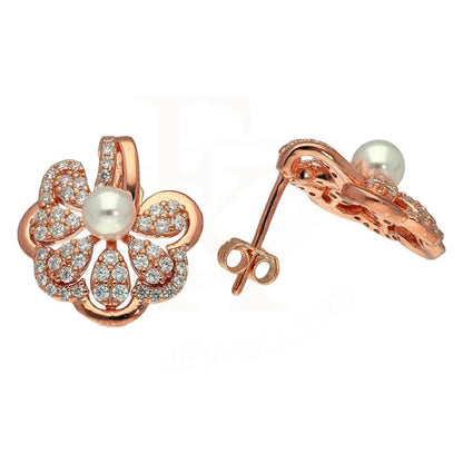 Italian Silver 925 Rose Gold Plated Flower Shaped With Pearl Pendant Set (Necklace Earrings And