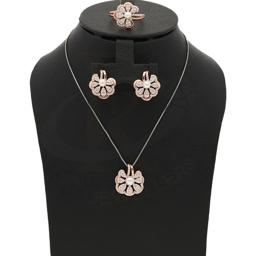 Italian Silver 925 Rose Gold Plated Flower Shaped With Pearl Pendant Set (Necklace Earrings And