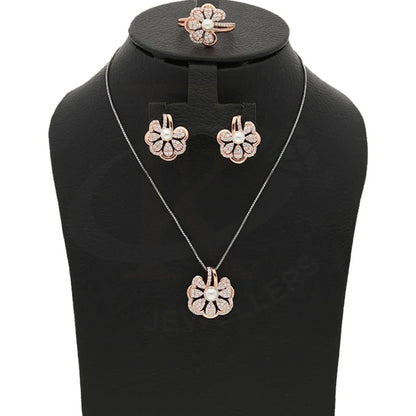 Italian Silver 925 Rose Gold Plated Flower Shaped With Pearl Pendant Set (Necklace Earrings And