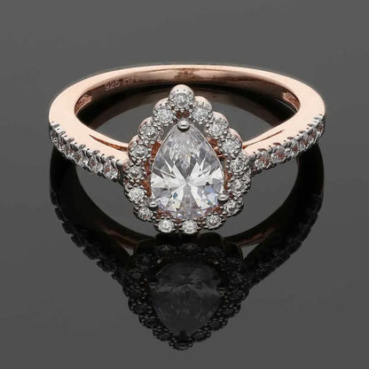 Sterling Silver 925 Rose Gold Plated Pear Shaped Solitaire Ring - Fkjrnsl3541 Rings