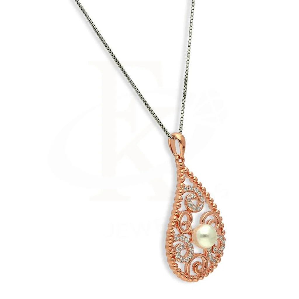 Italian Silver 925 Rose Gold Plated Pear Shaped With Pearl Pendant Set (Necklace Earrings And Ring)