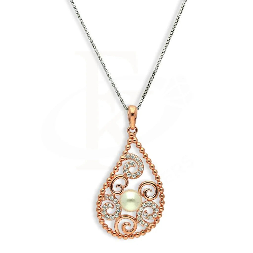 Italian Silver 925 Rose Gold Plated Pear Shaped With Pearl Pendant Set (Necklace Earrings And Ring)