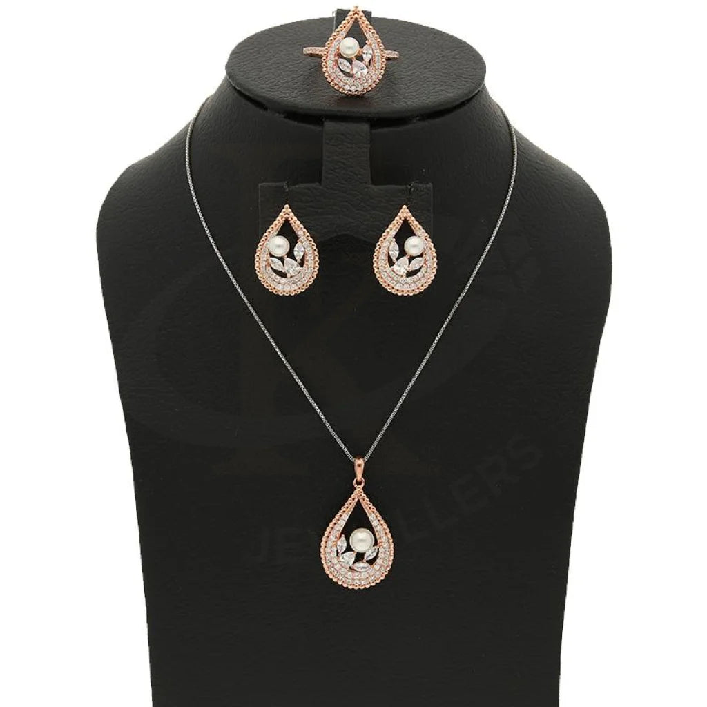 Italian Silver 925 Rose Gold Plated Pear Shaped With Pearl Pendant Set (Necklace Earrings And Ring)