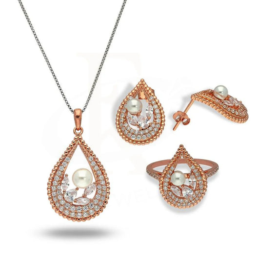 Italian Silver 925 Rose Gold Plated Pear Shaped With Pearl Pendant Set (Necklace Earrings And Ring)