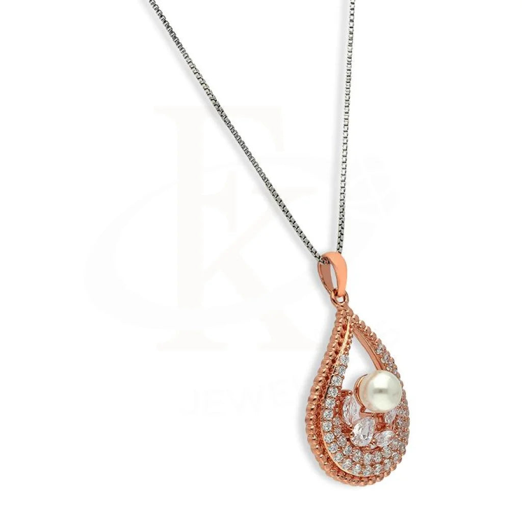 Italian Silver 925 Rose Gold Plated Pear Shaped With Pearl Pendant Set (Necklace Earrings And Ring)