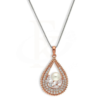 Italian Silver 925 Rose Gold Plated Pear Shaped With Pearl Pendant Set (Necklace Earrings And Ring)