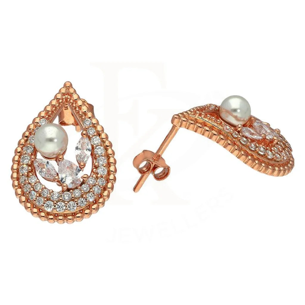 Italian Silver 925 Rose Gold Plated Pear Shaped With Pearl Pendant Set (Necklace Earrings And Ring)