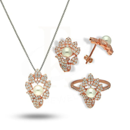 Italian Silver 925 Rose Gold Plated Pearl Pendant Set (Necklace Earrings And Ring) - Fkjnklstsl2270