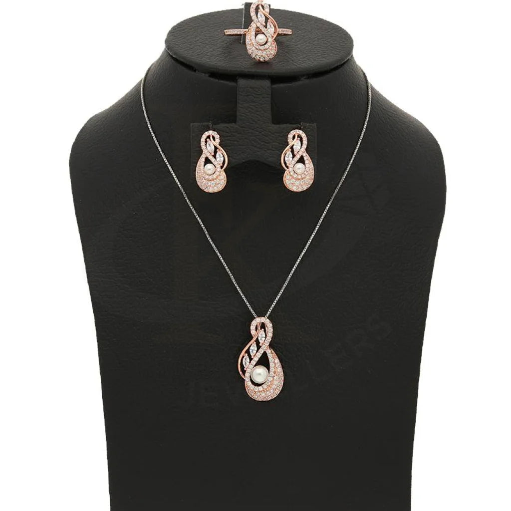 Italian Silver 925 Rose Gold Plated Pearl Pendant Set (Necklace Earrings And Ring) - Fkjnklstsl2271