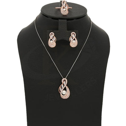 Italian Silver 925 Rose Gold Plated Pearl Pendant Set (Necklace Earrings And Ring) - Fkjnklstsl2271