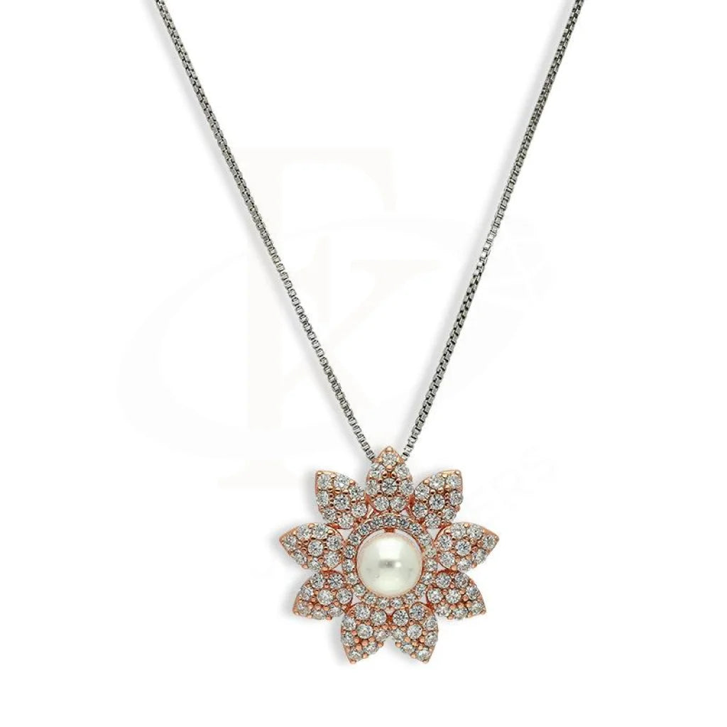 Italian Silver 925 Rose Gold Plated Star Shaped With Pearl Pendant Set (Necklace Earrings And Ring)