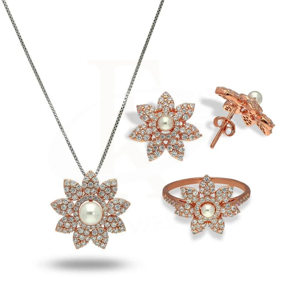 Italian Silver 925 Rose Gold Plated Star Shaped With Pearl Pendant Set (Necklace Earrings And Ring)