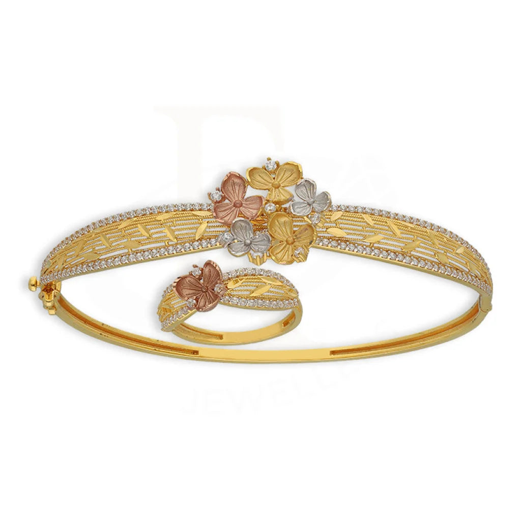 Tri Tone Gold Flowers Bangle With Ring 22Kt - Fkjbng22K5042 Bangles