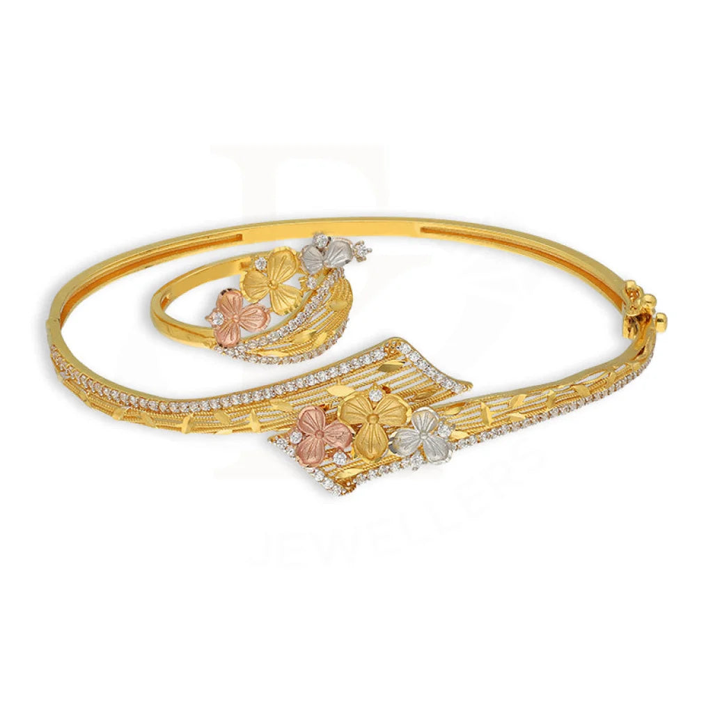 Tri Tone Gold Flowers Bangle With Ring 22Kt - Fkjbng22K5044 Bangles