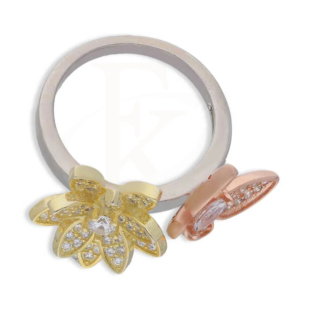 Trio Tone Sterling Silver 925 Flower With Butterfly Ring - Fkjrnsl3651 Rings
