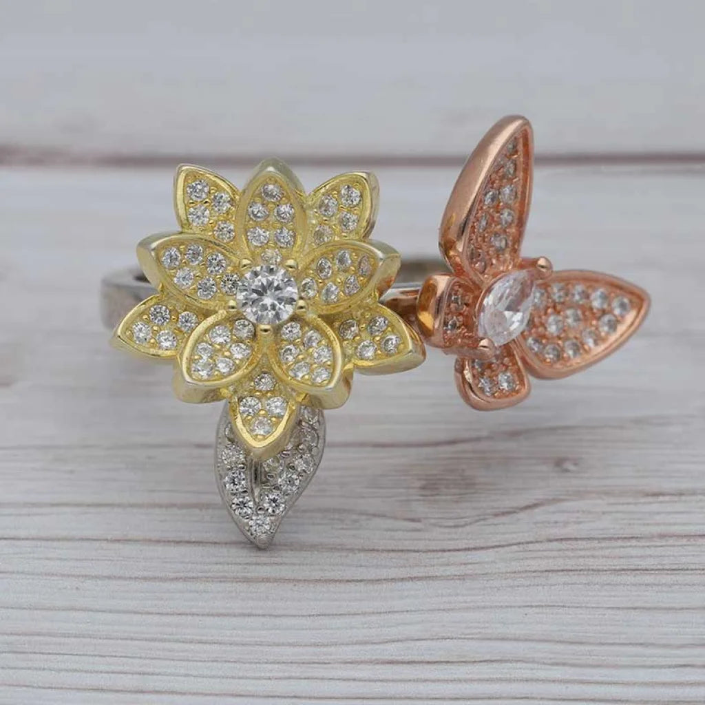 Trio Tone Sterling Silver 925 Flower With Butterfly Ring - Fkjrnsl3651 Rings